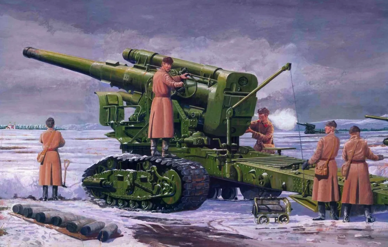Photo wallpaper large, Soviet, battle., howitzer, caliber, leads, 4 mm, B-4