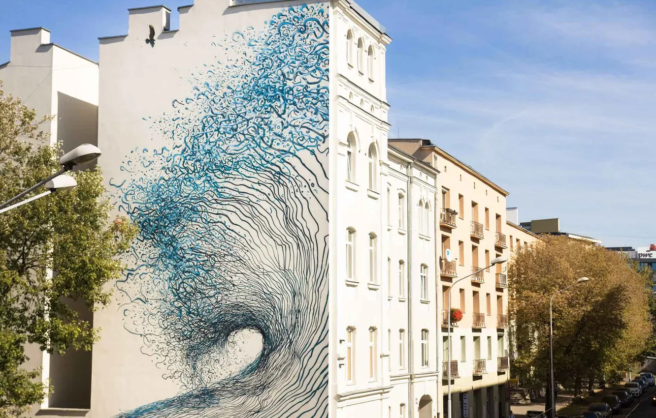 Photo wallpaper city, the city, street, wave, building, street, wave, buildings