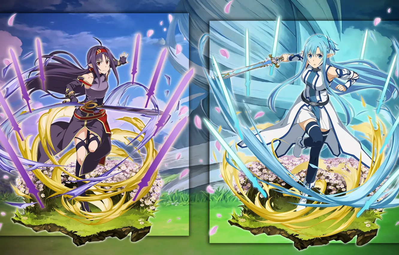 Photo wallpaper girl, flowers, weapons, collage, sword, characters, sword art online, sword art online