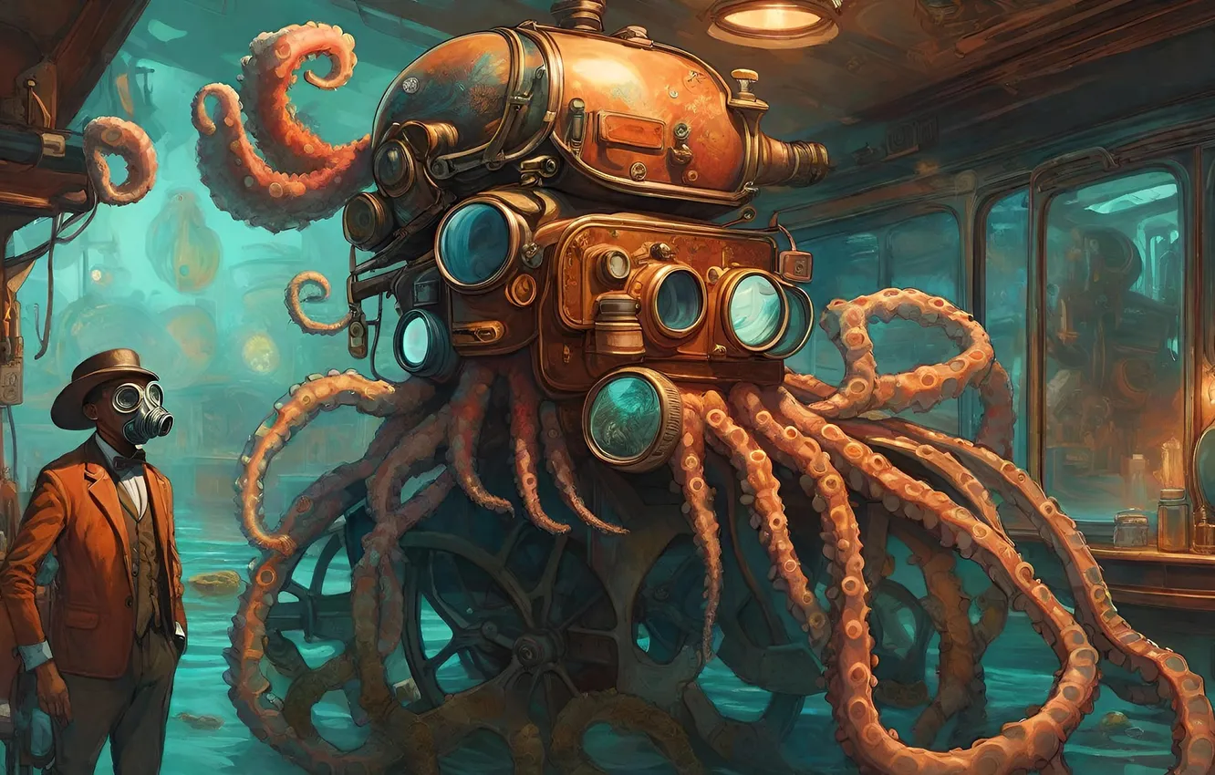 Photo wallpaper octopus, male, scientist, experiment