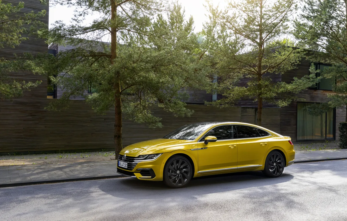 Photo wallpaper trees, yellow, street, Volkswagen, 2018, R-Line, liftback, 2017