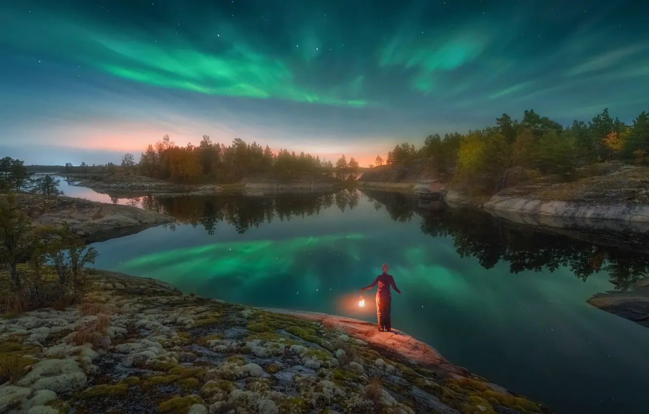 Photo wallpaper the sky, stars, trees, night, lights, stones, woman, lights