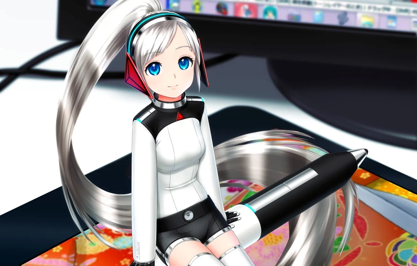 Photo wallpaper look, girl, smile, feathers, monitor, sitting, tablet, art