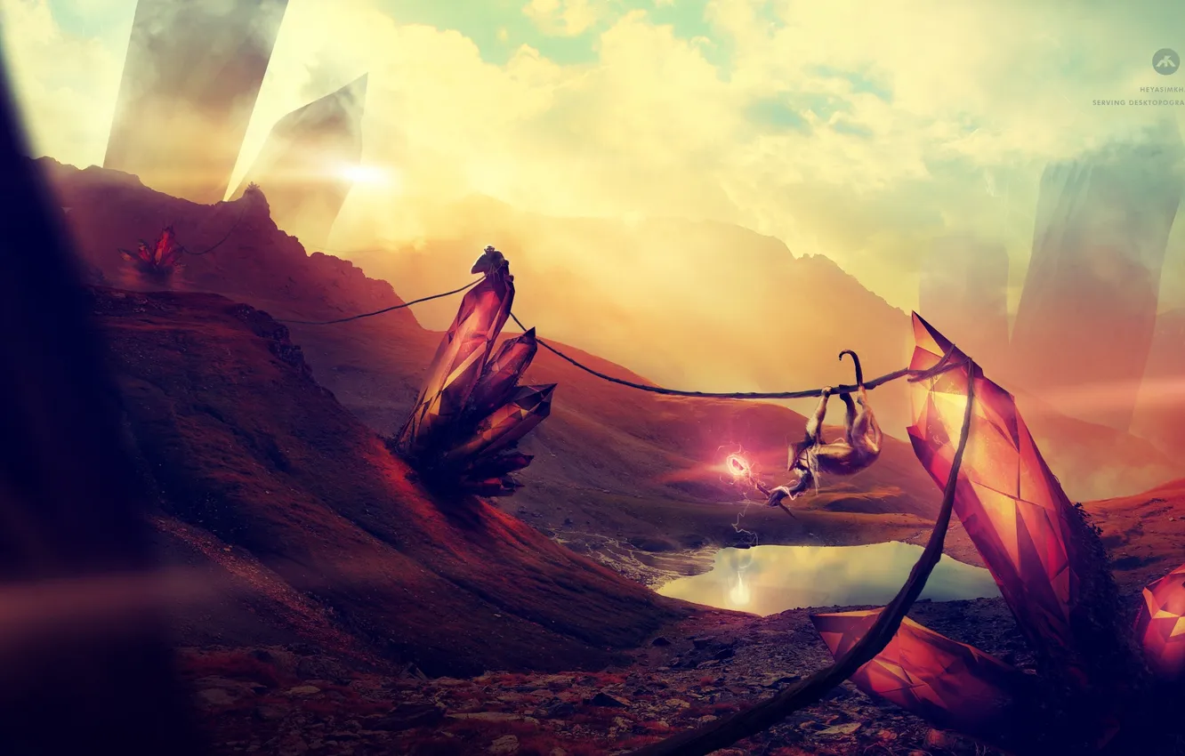 Photo wallpaper lake, creative, monkey, desktopography