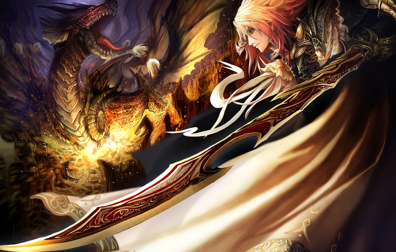 Photo wallpaper dark, fire, man, dragon, cave