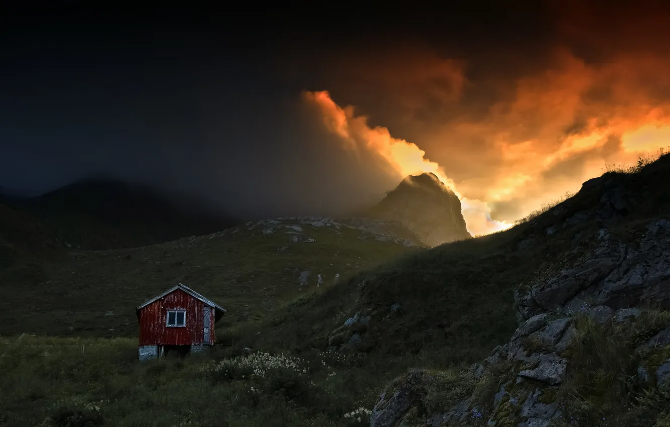 Photo wallpaper clouds, mountains, dawn, hut