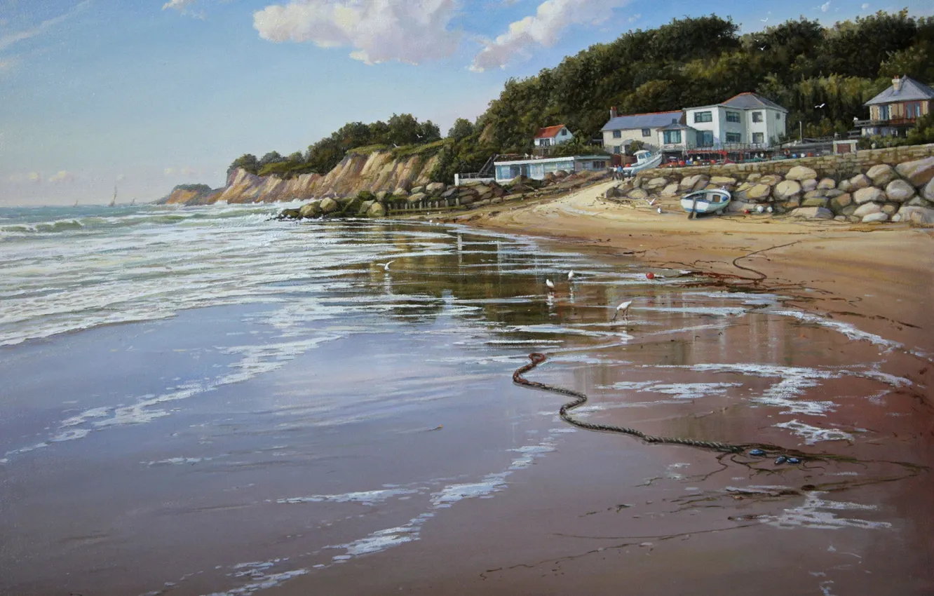 Photo wallpaper sea, the sky, clouds, landscape, shore, coast, boat, seagulls