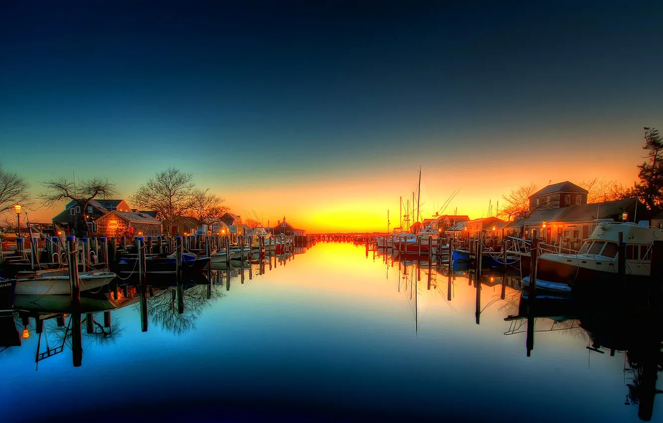 Photo wallpaper the sky, sunset, boat, yacht, boat, Bay, channel