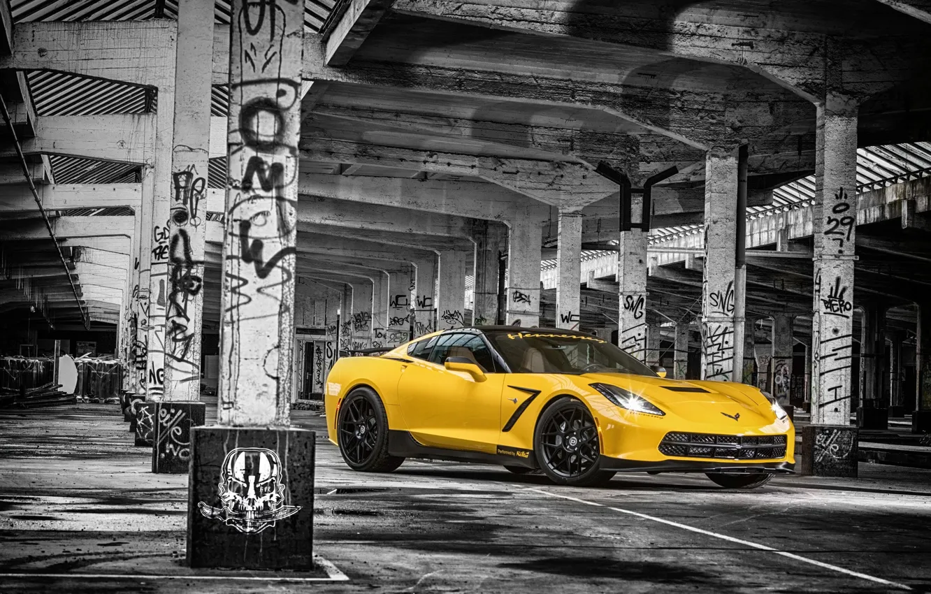 Photo wallpaper Corvette, Chevrolet, Muscle, Car, Front, Yellow, Stingray, HPE700