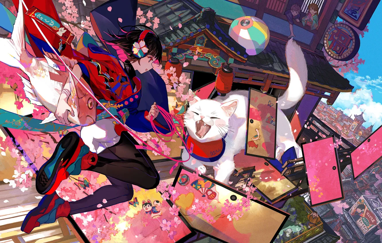 Photo wallpaper cat, girl, fish, children, home, Sakura