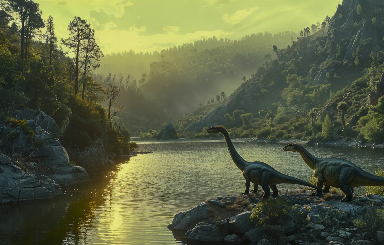 Photo wallpaper water, trees, mountains, river, animal, dinosaur, two, digital art