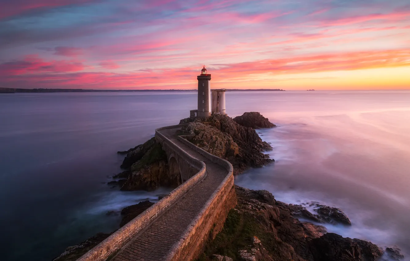 Photo wallpaper sea, the sky, sunset, rocks, France, lighthouse, the evening