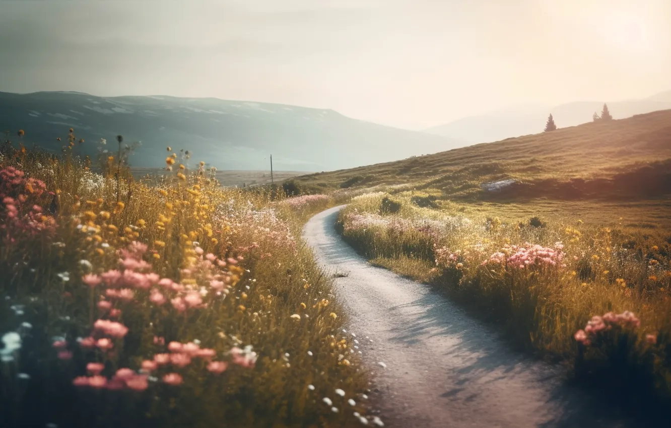 Photo wallpaper road, field, summer, light, landscape, flowers, mountains, nature