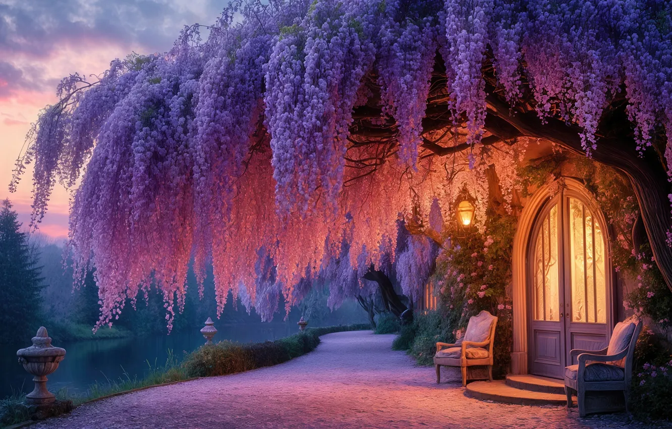 Photo wallpaper the door, Wisteria, Wisteria, AI art, neural network