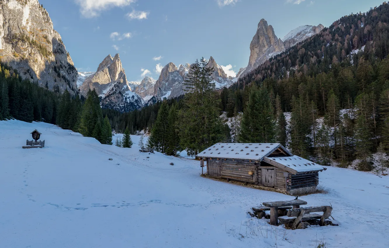 Photo wallpaper snow, mountains, nature, rocks, home, Italy, wooden