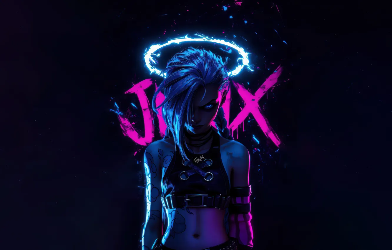 Photo wallpaper girl, LoL, Jinx, dark background, AI Art, AI Generated