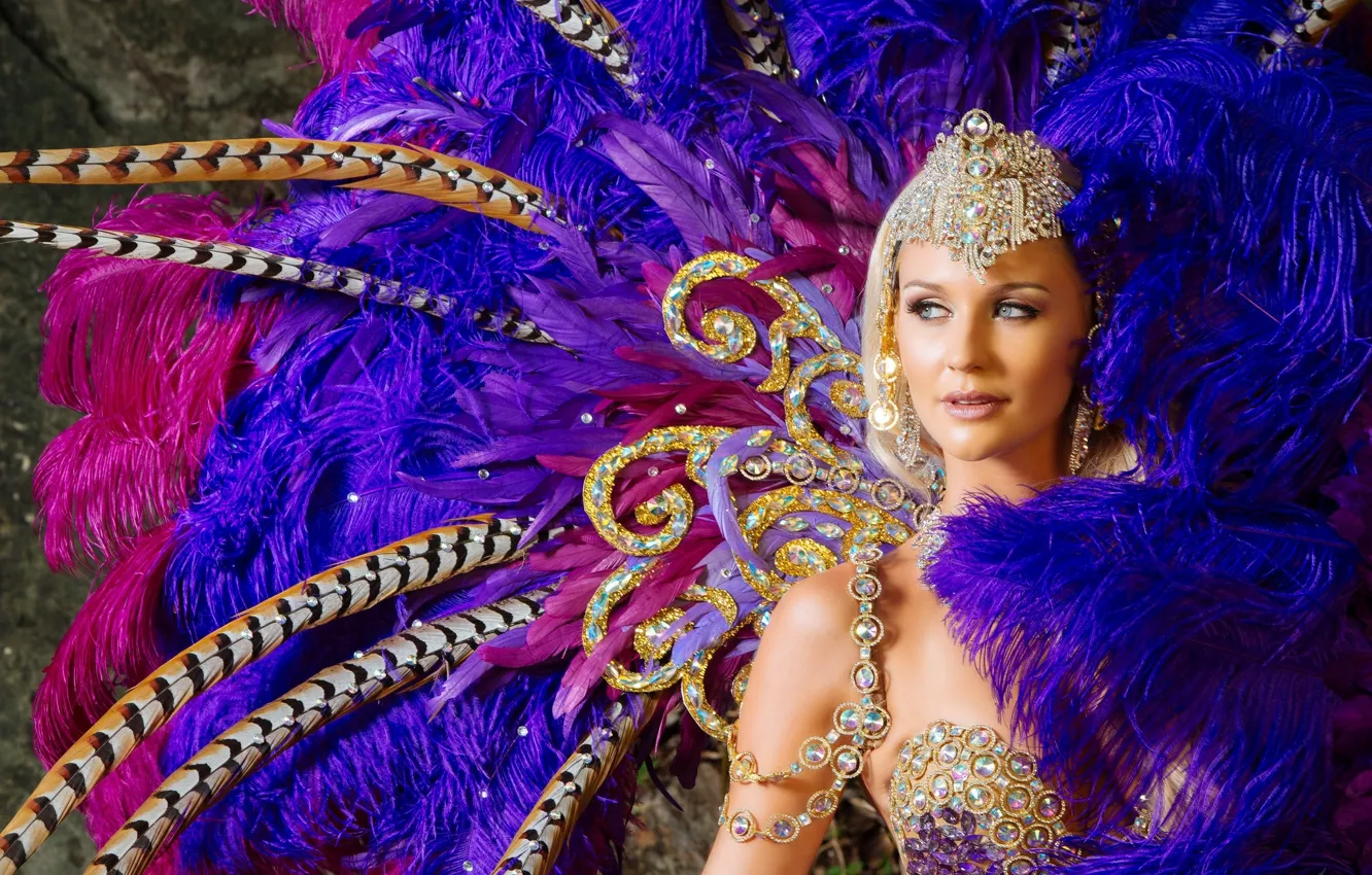 Photo wallpaper girl, decoration, feathers, outfit, carnival