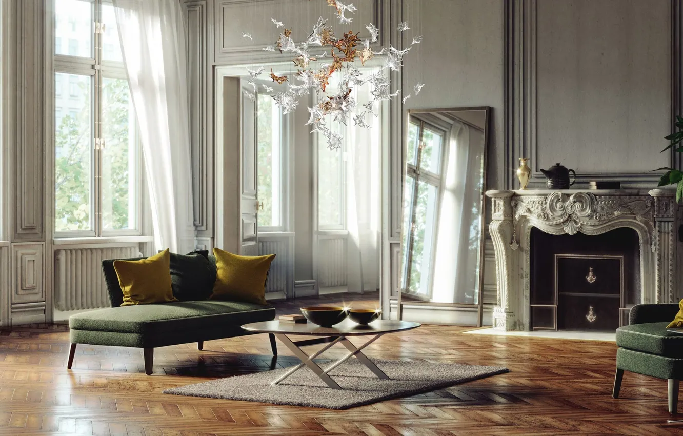 Photo wallpaper design, style, room, interior, fireplace, living room, upholstered furniture, designer chandelier