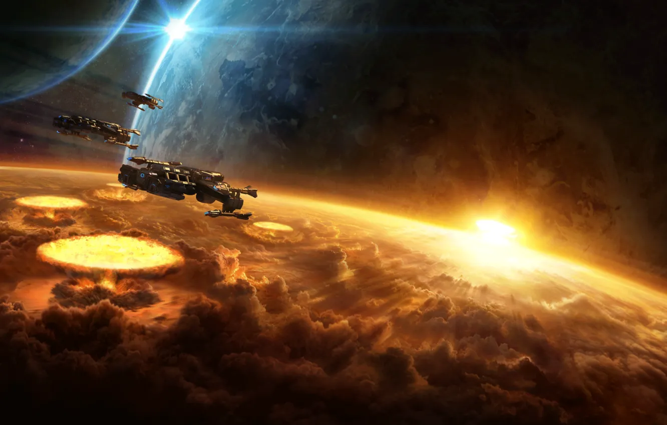 Photo wallpaper space, the explosion, planet, destruction, starcraft, nuclear, spaceship, cruiser