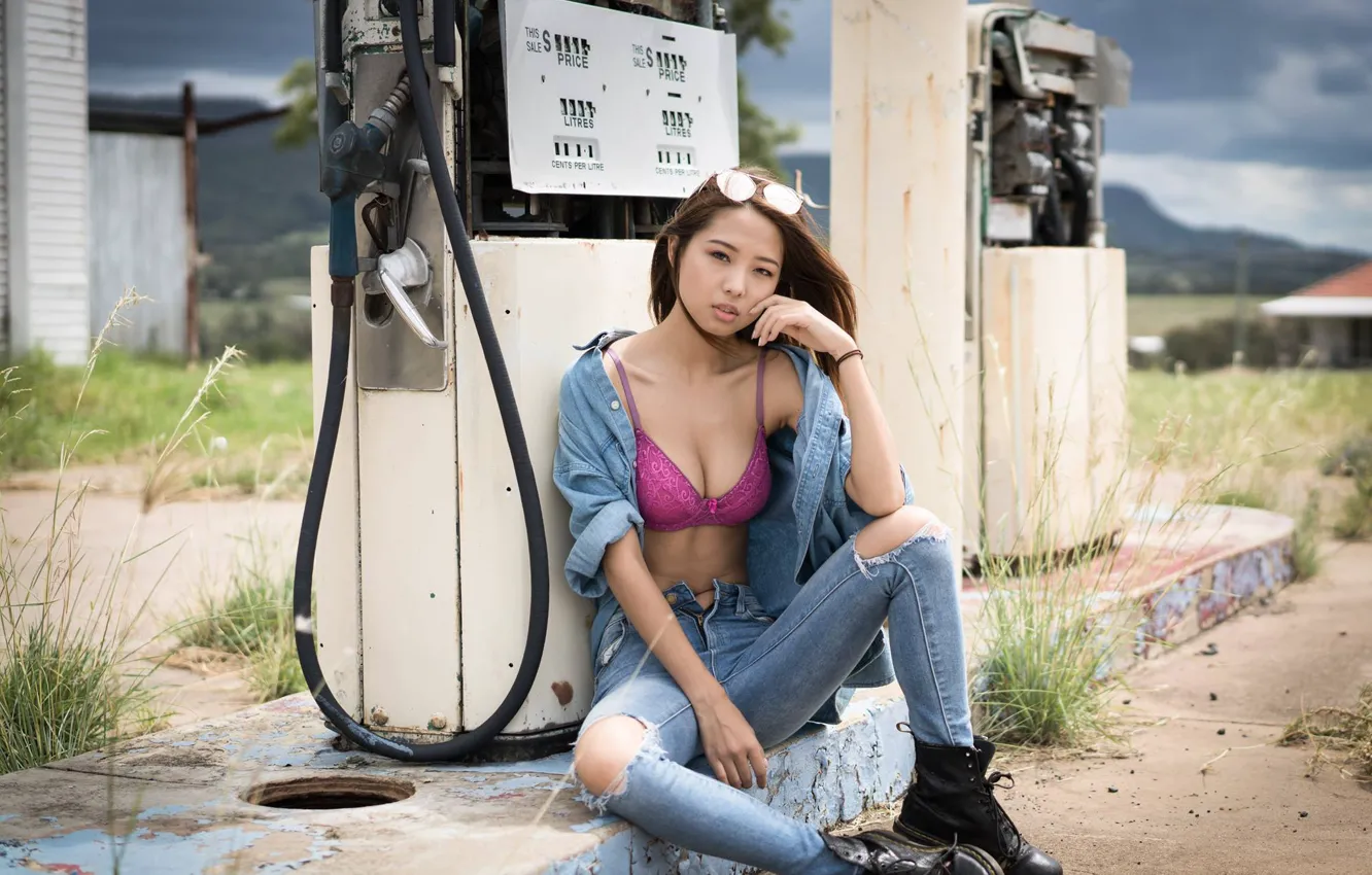 Photo wallpaper chest, pose, model, jeans, shoes, Asian, bra, gas station
