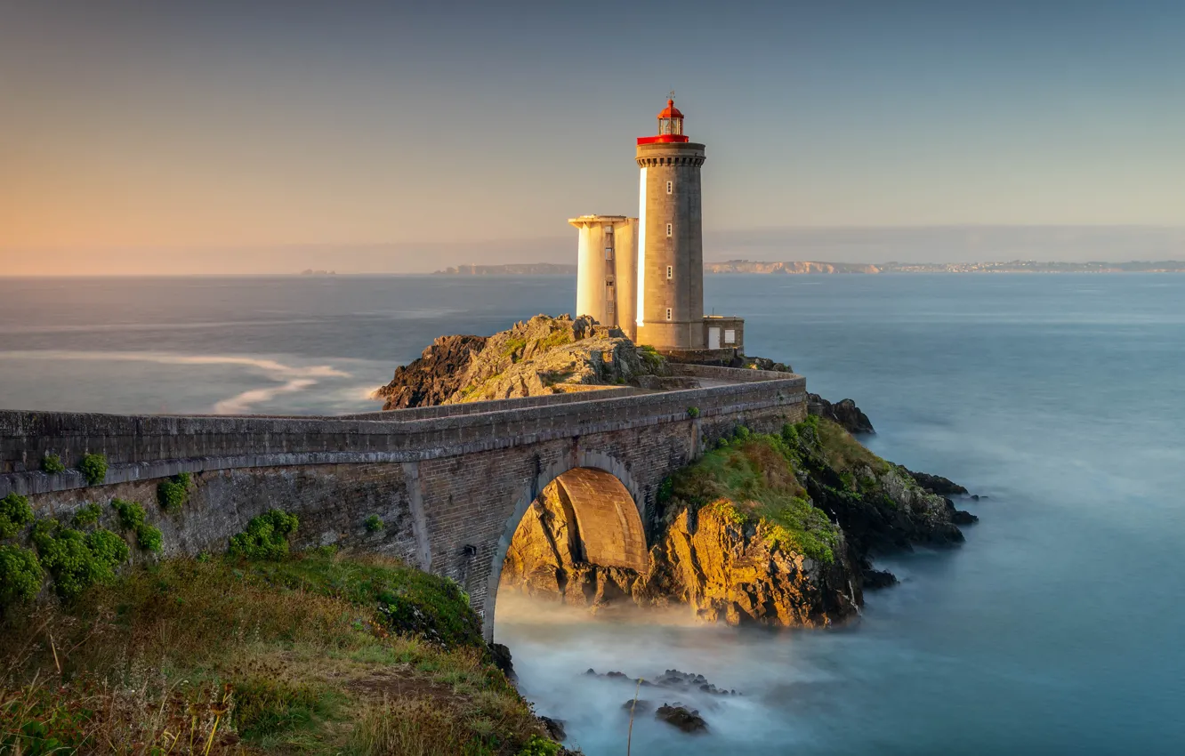 Photo wallpaper sea, the sky, bridge, rocks, shore, lighthouse, dal, horizon