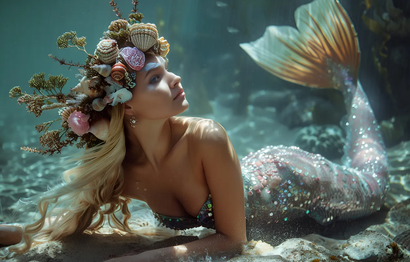 Photo wallpaper look, girl, hair, mermaid, tail, shell, underwater world, digital art