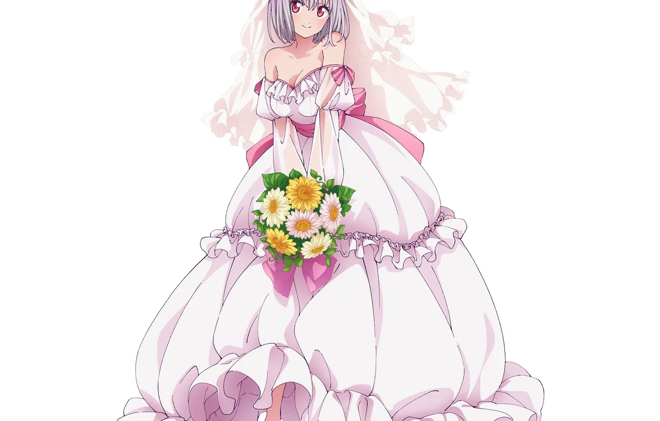 Photo wallpaper neckline, white background, red eyes, veil, wedding dress, ruffles, the bride's bouquet, the fluffy skirt