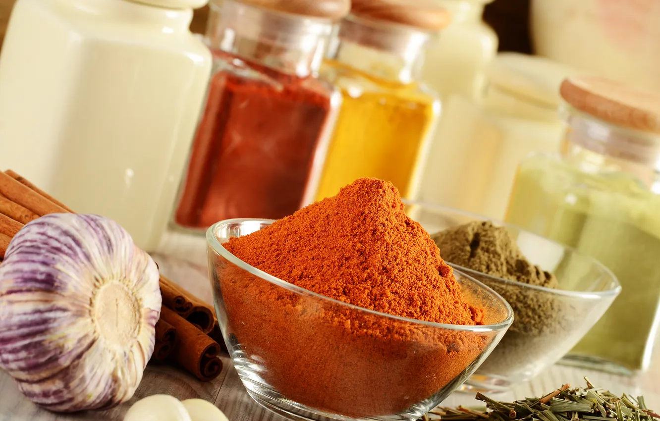 Photo wallpaper jars, pepper, cinnamon, spices, garlic, saffron