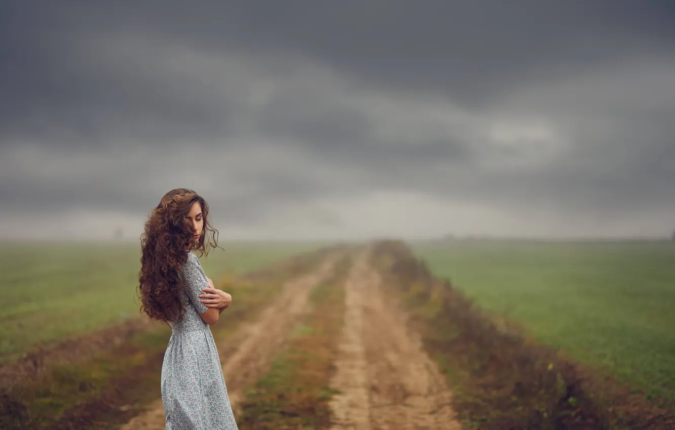 Photo wallpaper road, the sky, girl, clouds