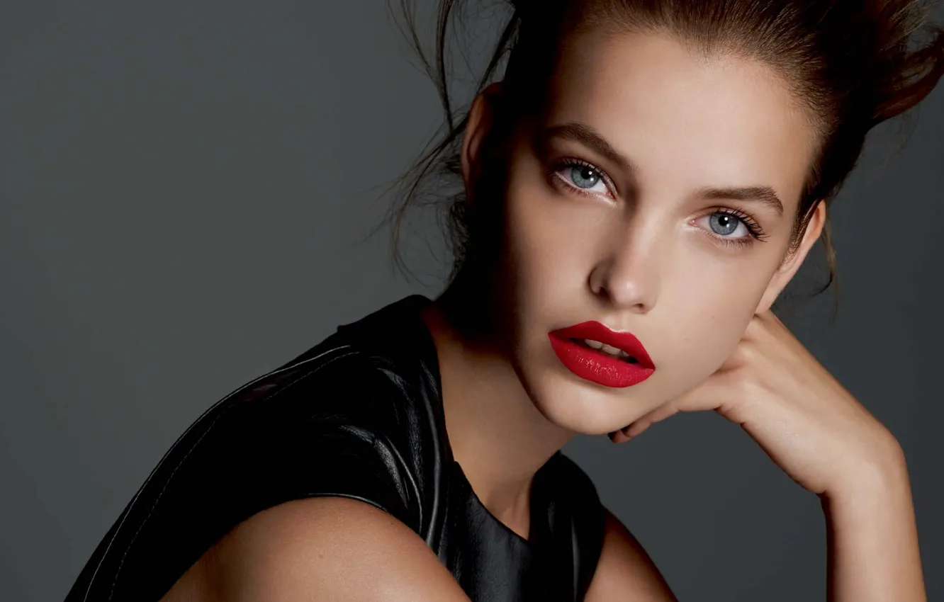 Photo wallpaper girl, face, model, lipstick, brown hair, red, blue-eyed, model