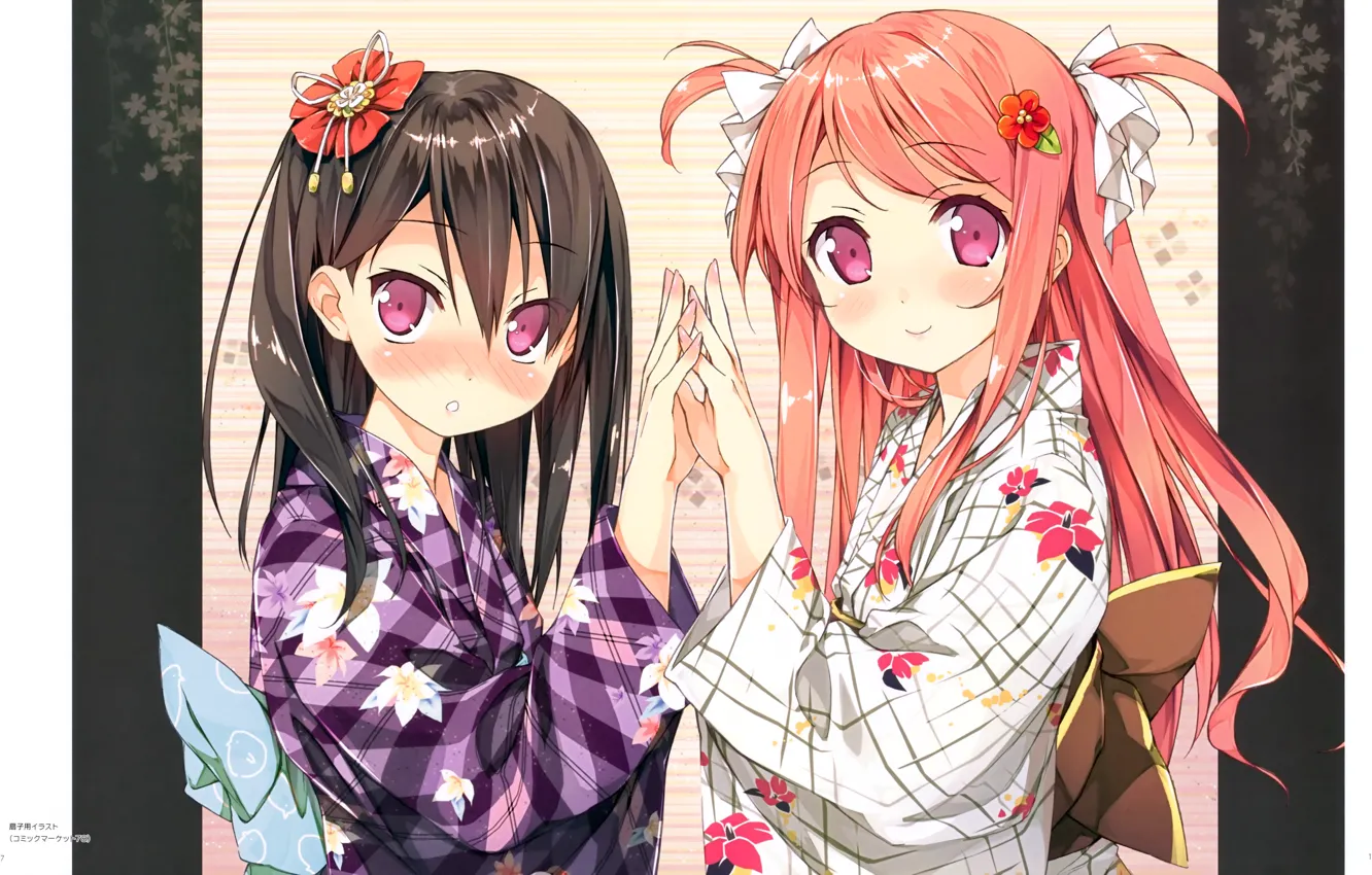 Photo wallpaper yukata, red eyes, friend, flower in hair, two tails, palms, two girls, Institution