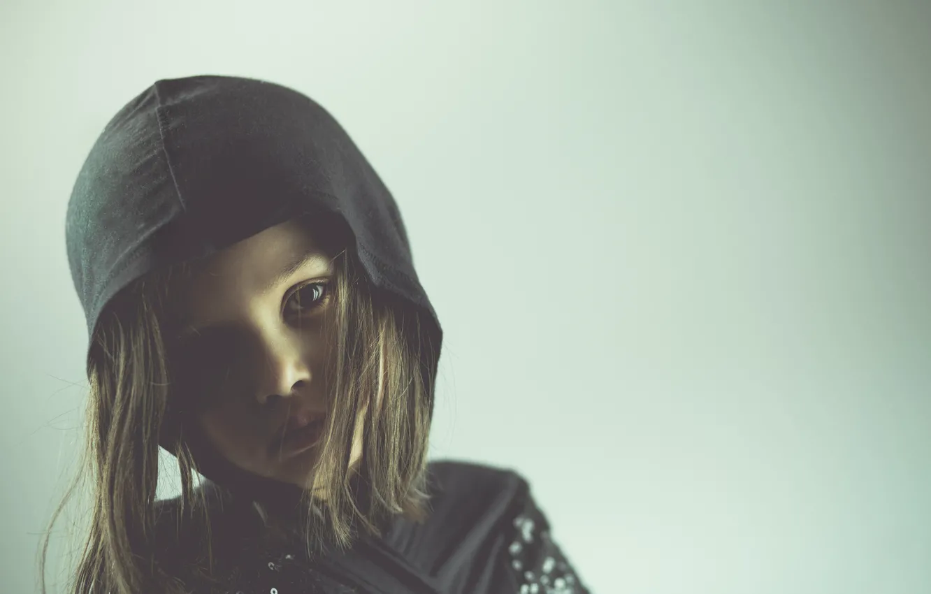 Photo wallpaper sadness, look, portrait, lighting, hood, girl