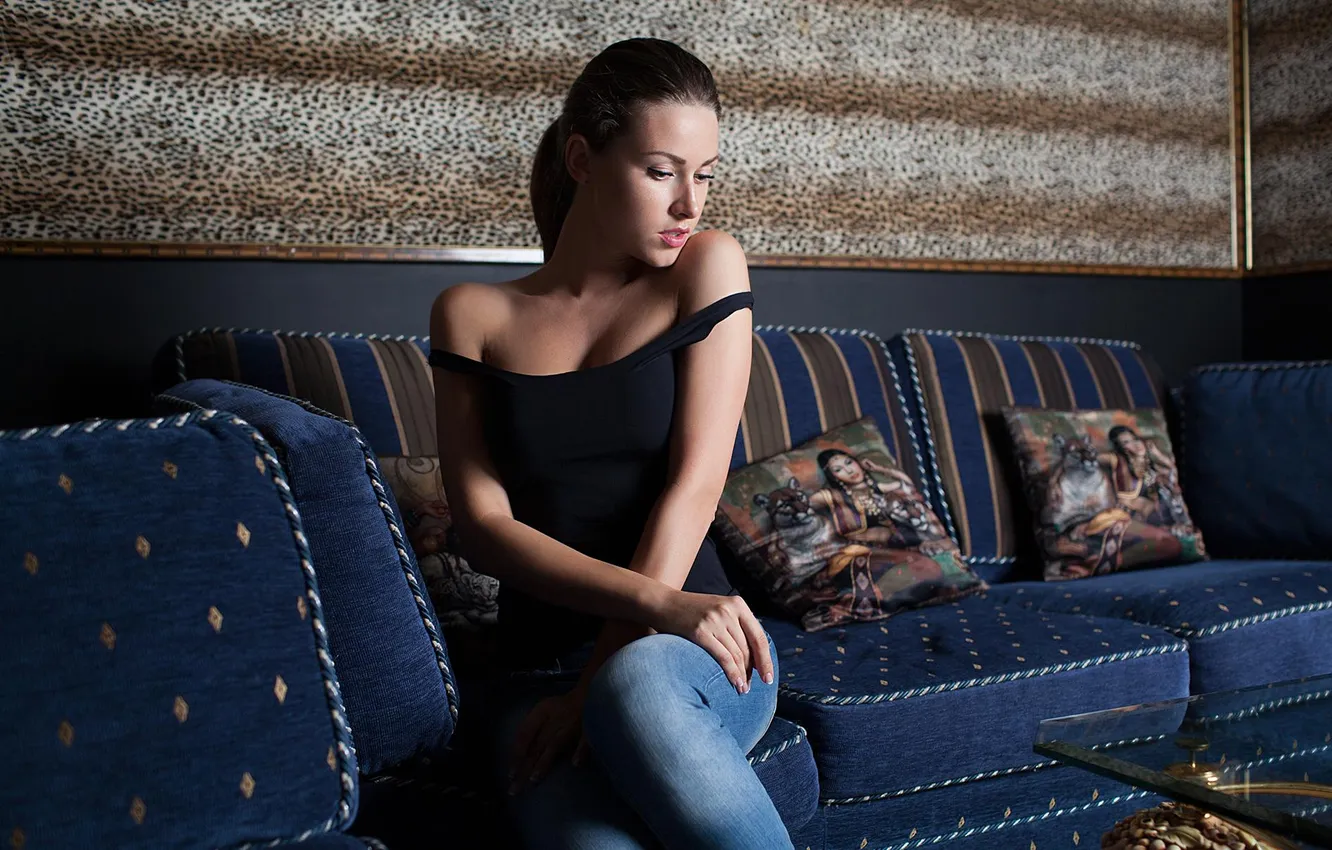 Photo wallpaper girl, beautiful, model, jeans, sweet, brunette, Charming, tank top