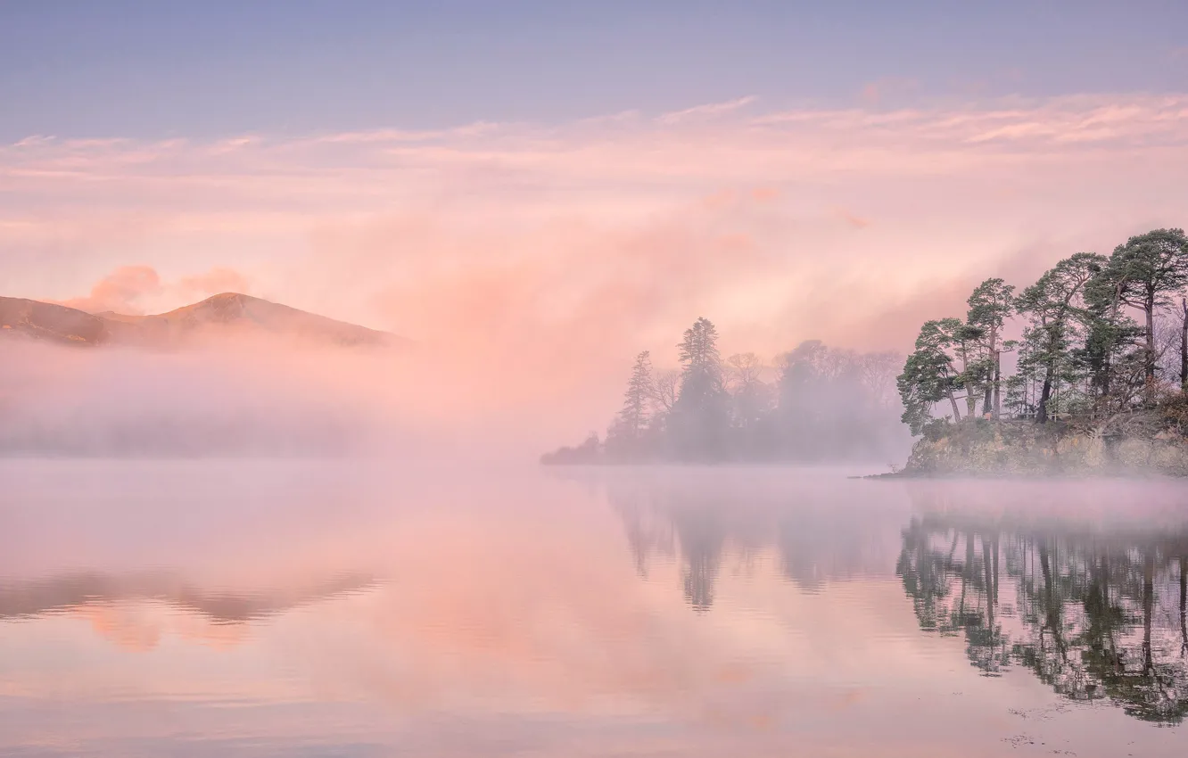 Photo wallpaper trees, mountains, fog, lake, England, Cumbria
