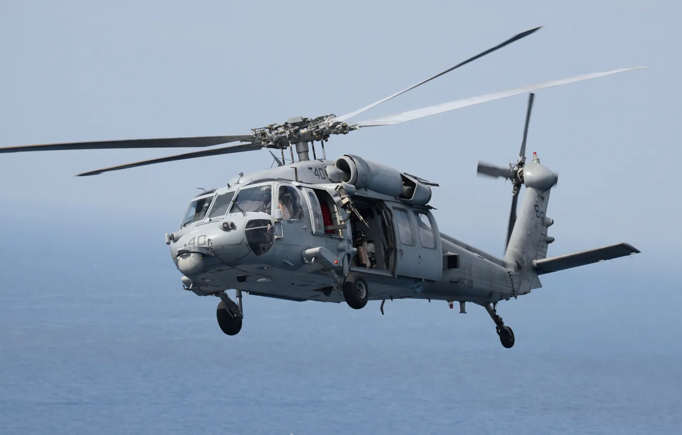 Photo wallpaper sea, helicopter, machine gun, MH-60S