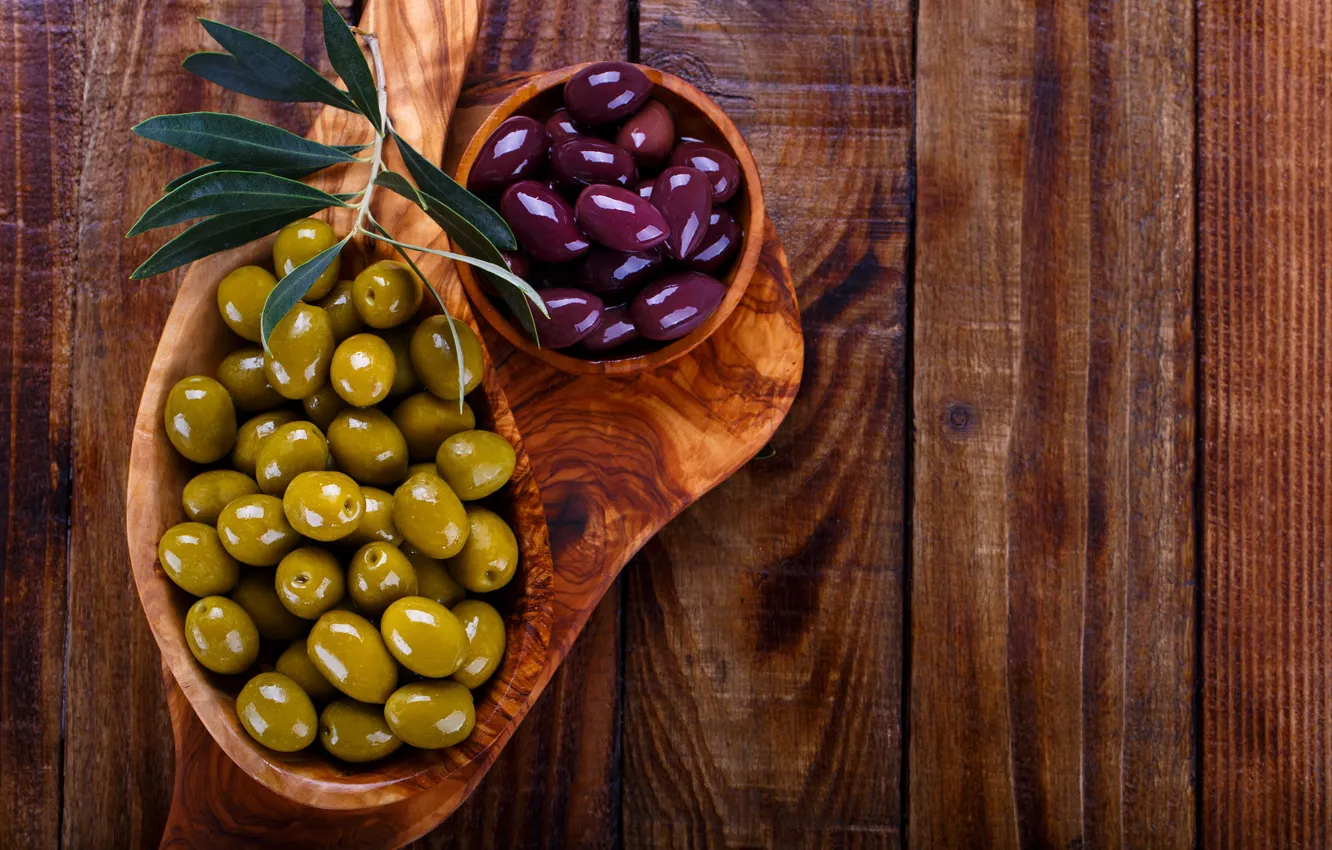Photo wallpaper leaves, Board, spoon, bowl, olives, olives, cutting Board