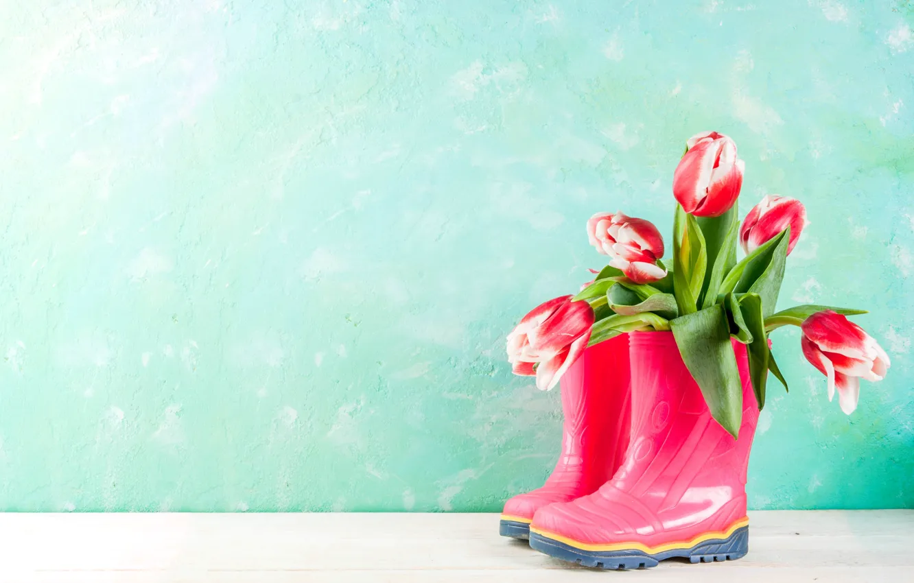 Photo wallpaper background, bouquet, boots, tulips, pink, decor