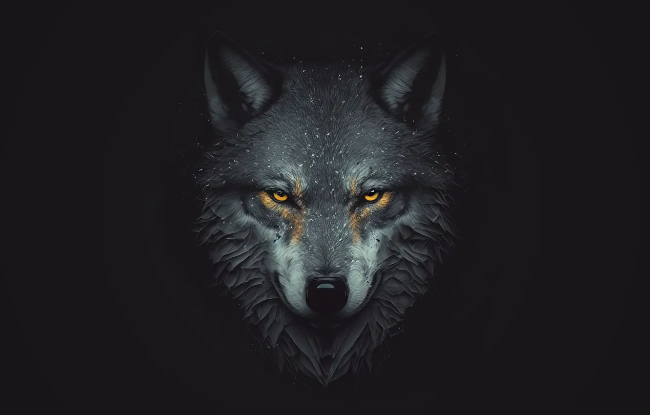 Photo wallpaper face, wolf, predator, black background, yellow eyes, AI art