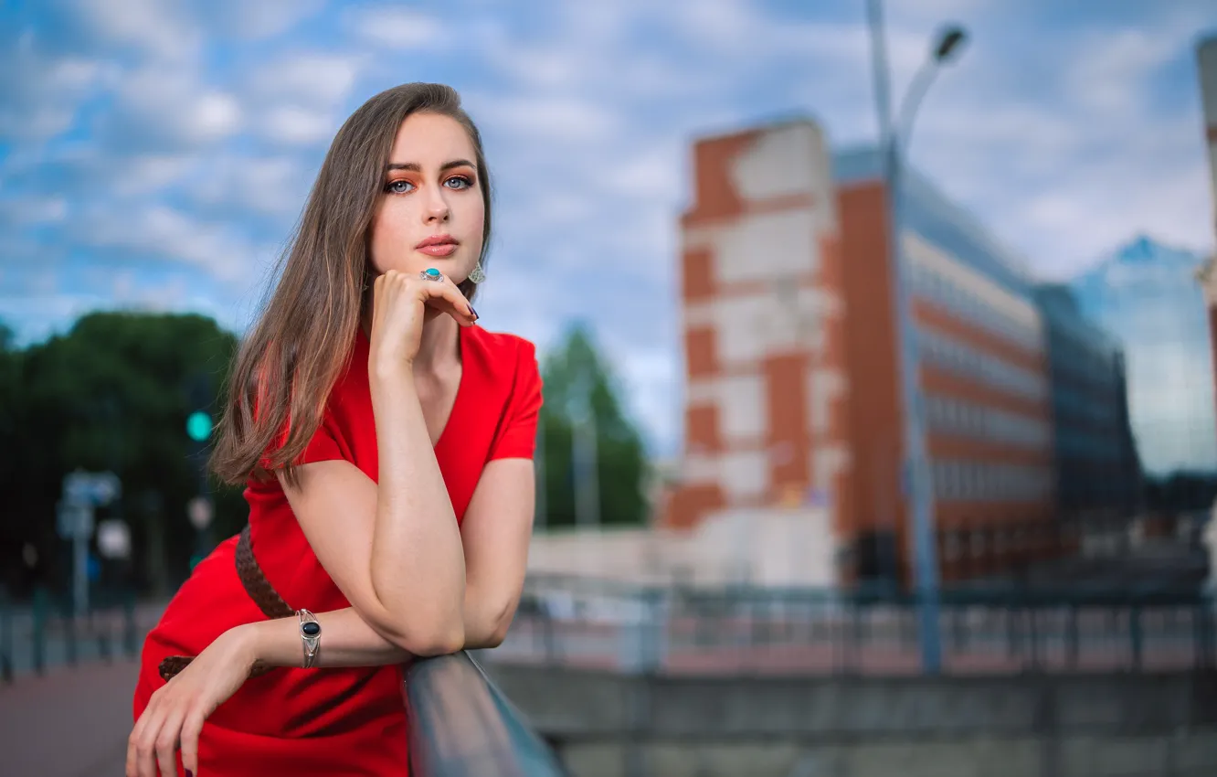 Photo wallpaper look, girl, hair, in red, bokeh, Celia
