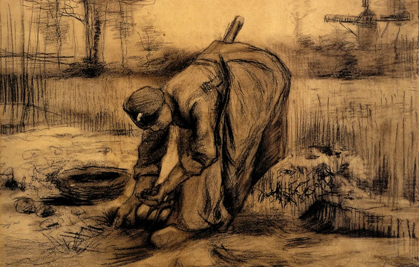 Photo wallpaper Vincent van Gogh, pitchfork, a woman harvests, Peasant Woman, Lifting Potatoes 6