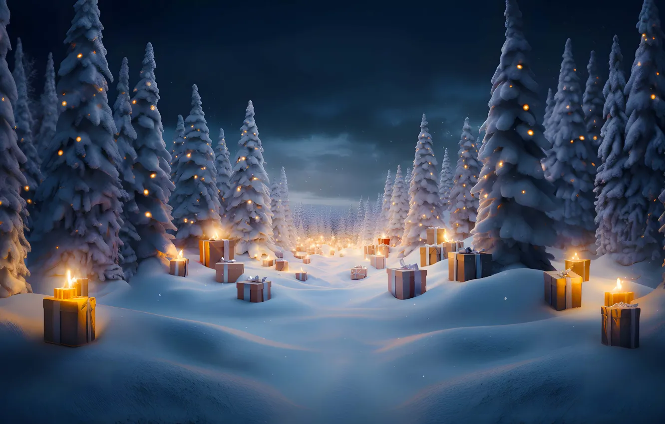 Photo wallpaper winter, forest, snow, box, gift, tree, new year, ate