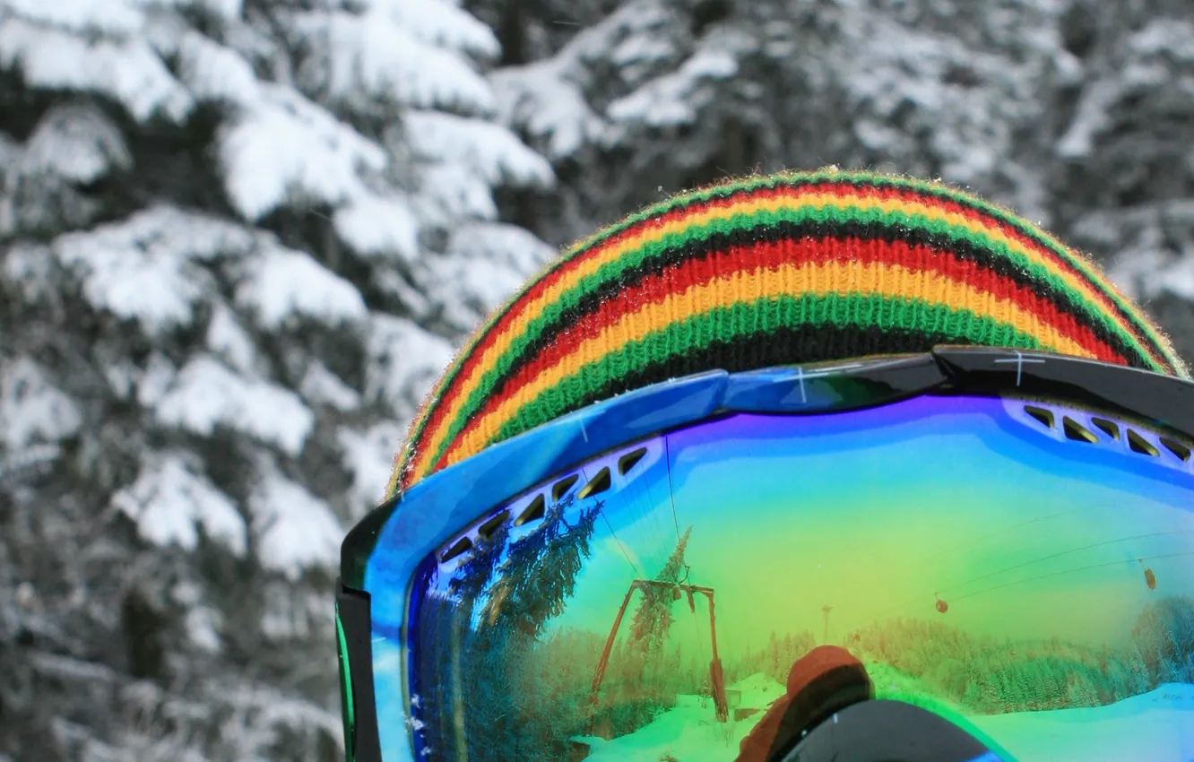 Photo wallpaper winter, color, snow, style, snowboard, hat, glasses