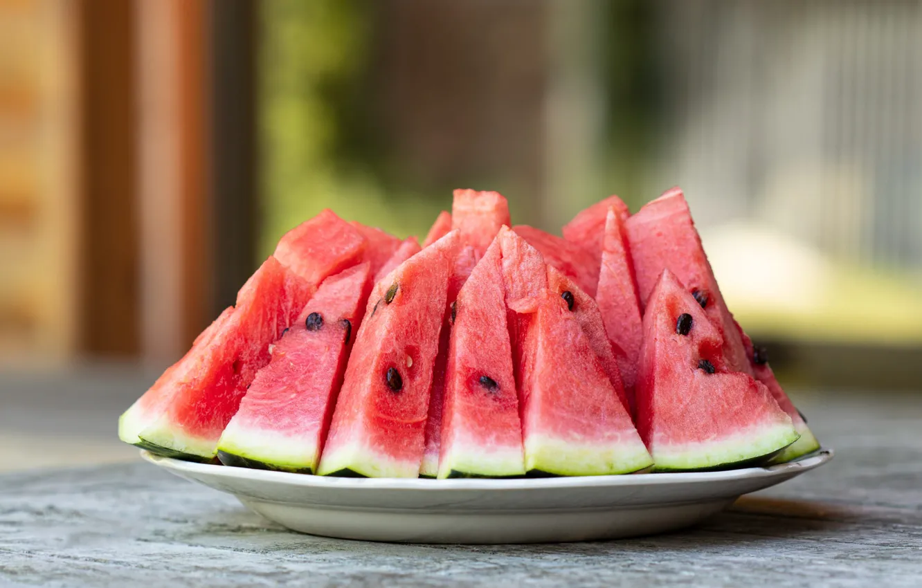 Photo wallpaper table, background, food, watermelon, plate, slices, bokeh, blurred