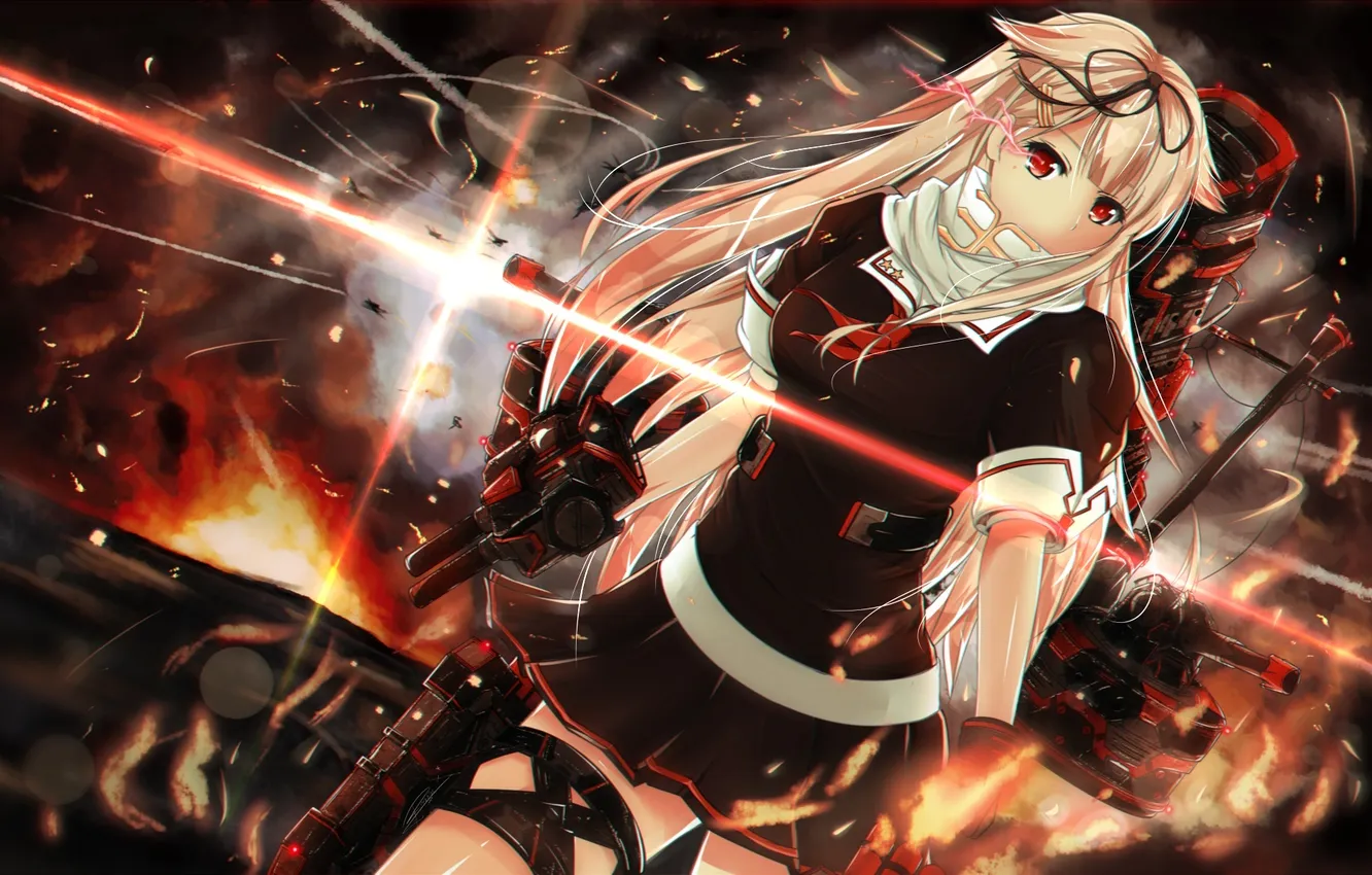 Photo wallpaper the sky, girl, the sun, clouds, weapons, fire, smoke, anime