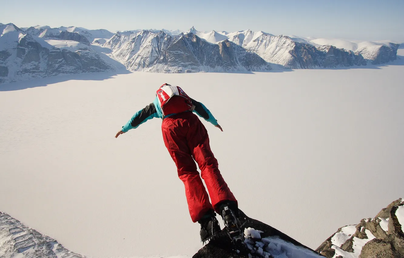 Photo wallpaper winter, snow, mountains, rocks, parachute, container, extreme sports, frozen lake