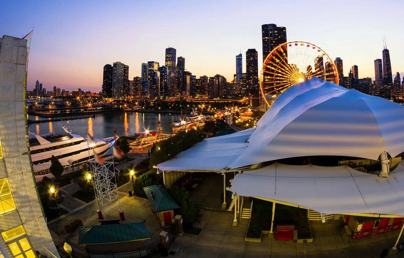 Photo wallpaper lights, skyscrapers, the evening, yacht, Chicago, Ferris wheel, restaurant, USA