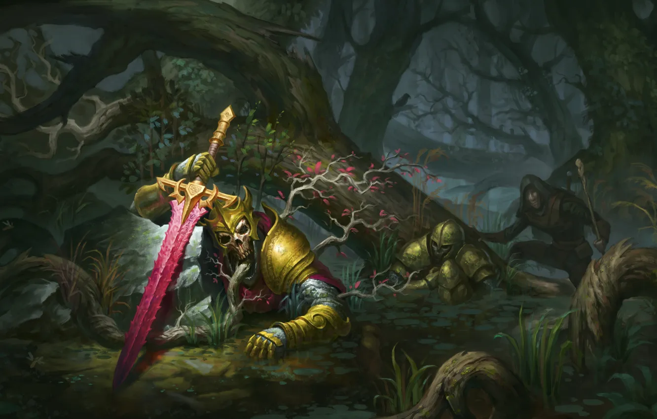 Photo wallpaper forest, trees, swamp, sword, crown, the corpse, the wanderer, king
