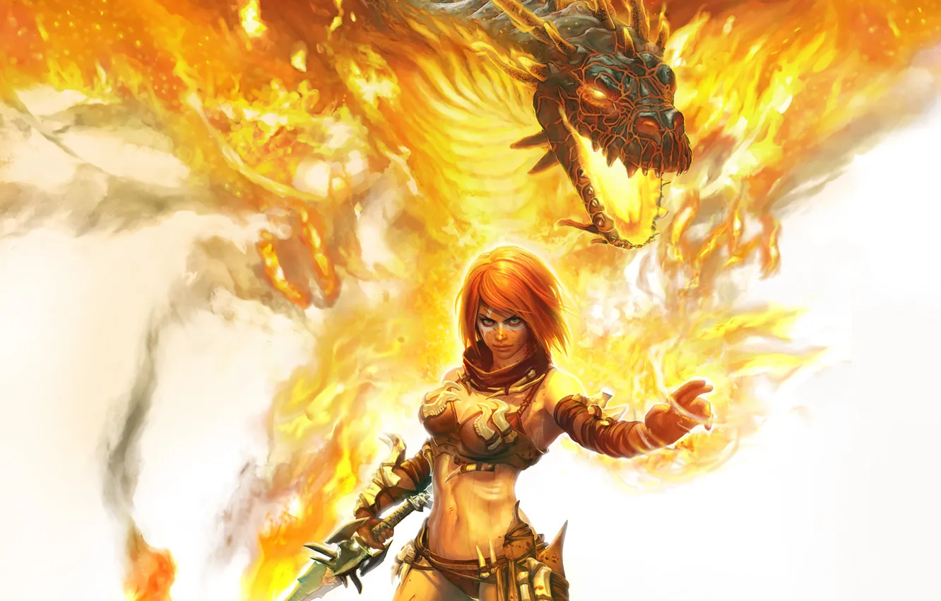 Photo wallpaper girl, fire, magic, dragon, sword, head, Beast Rider, Golden Axe