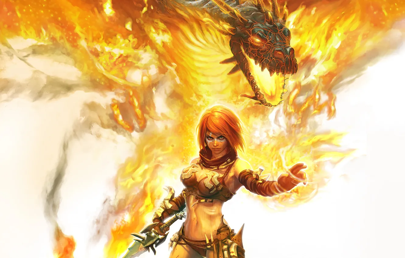 Photo wallpaper girl, lights, magic, dragon, sword, head, golden axe, Beast Rider