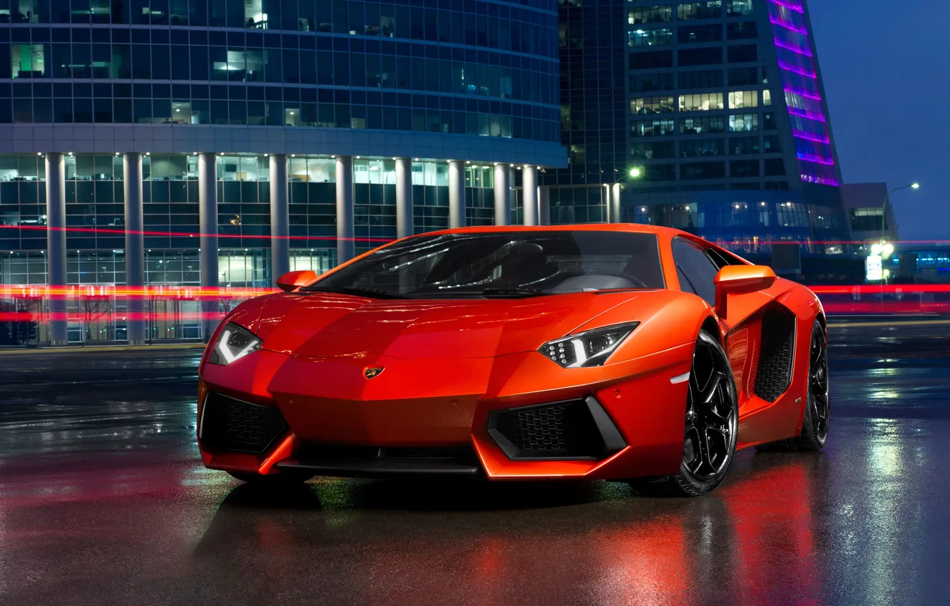 Photo wallpaper night, building, Lamborghini, Lamborghini, red, Aventador